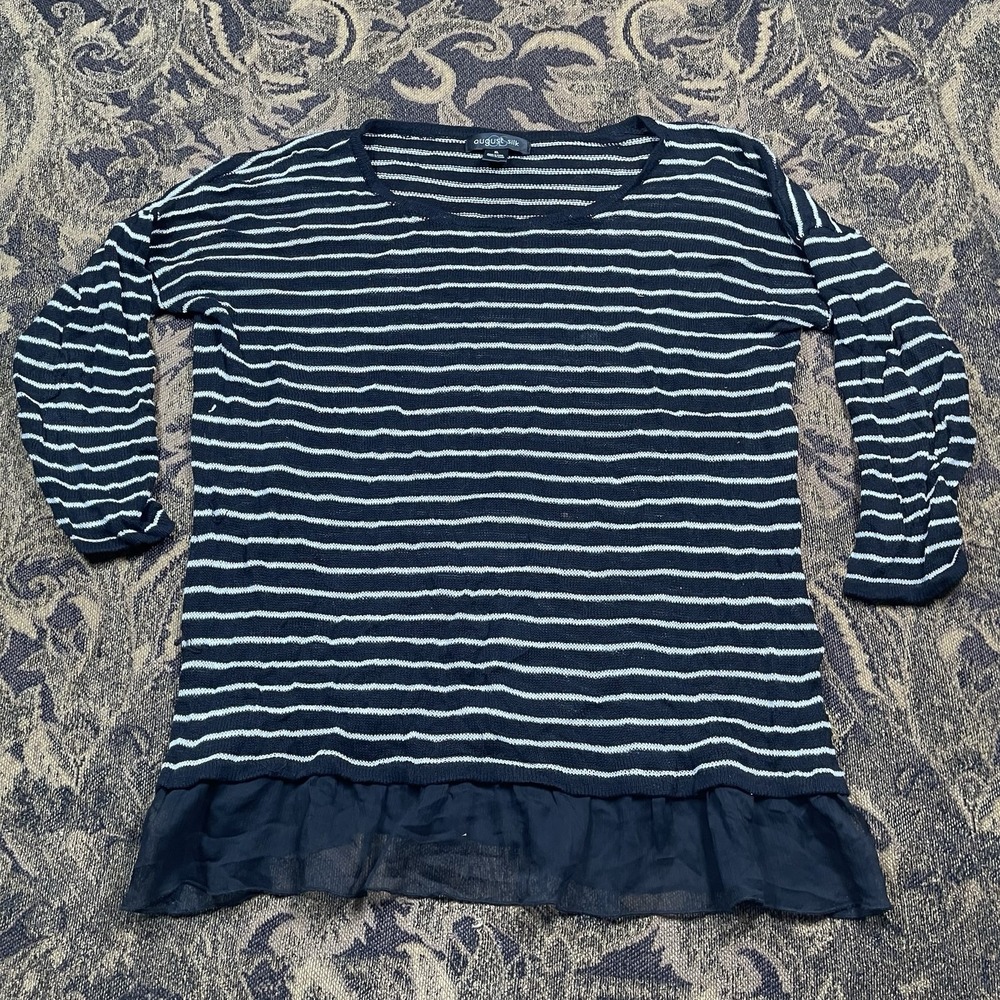 August Silk Knit Top Black Stripe Sheer Womens Size XL Linen Blend